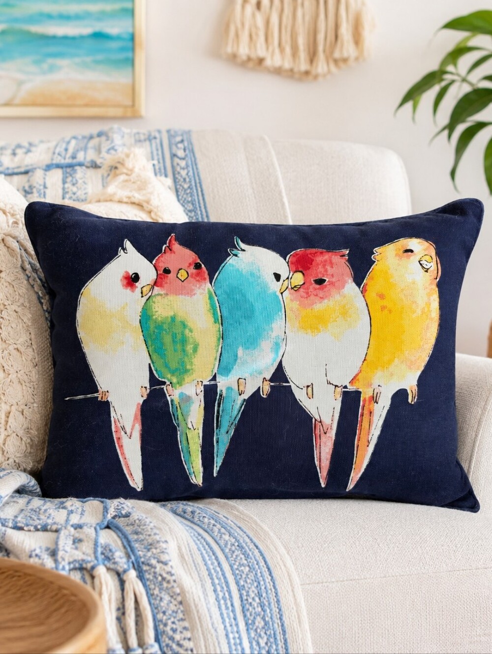 Colorful Watercolor Birds Navy Accent Throw Pillow 17x12